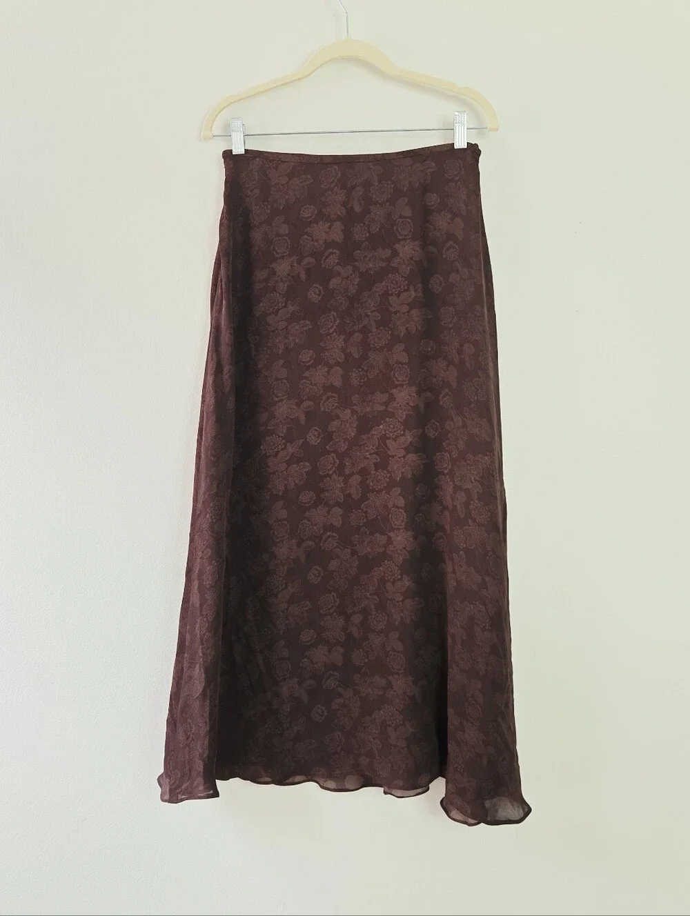 Lauren Ralph Lauren Chocolate Brown Fall Leaves Silk Printed Midi Bias Cut Skirt - Picture 3 of 4